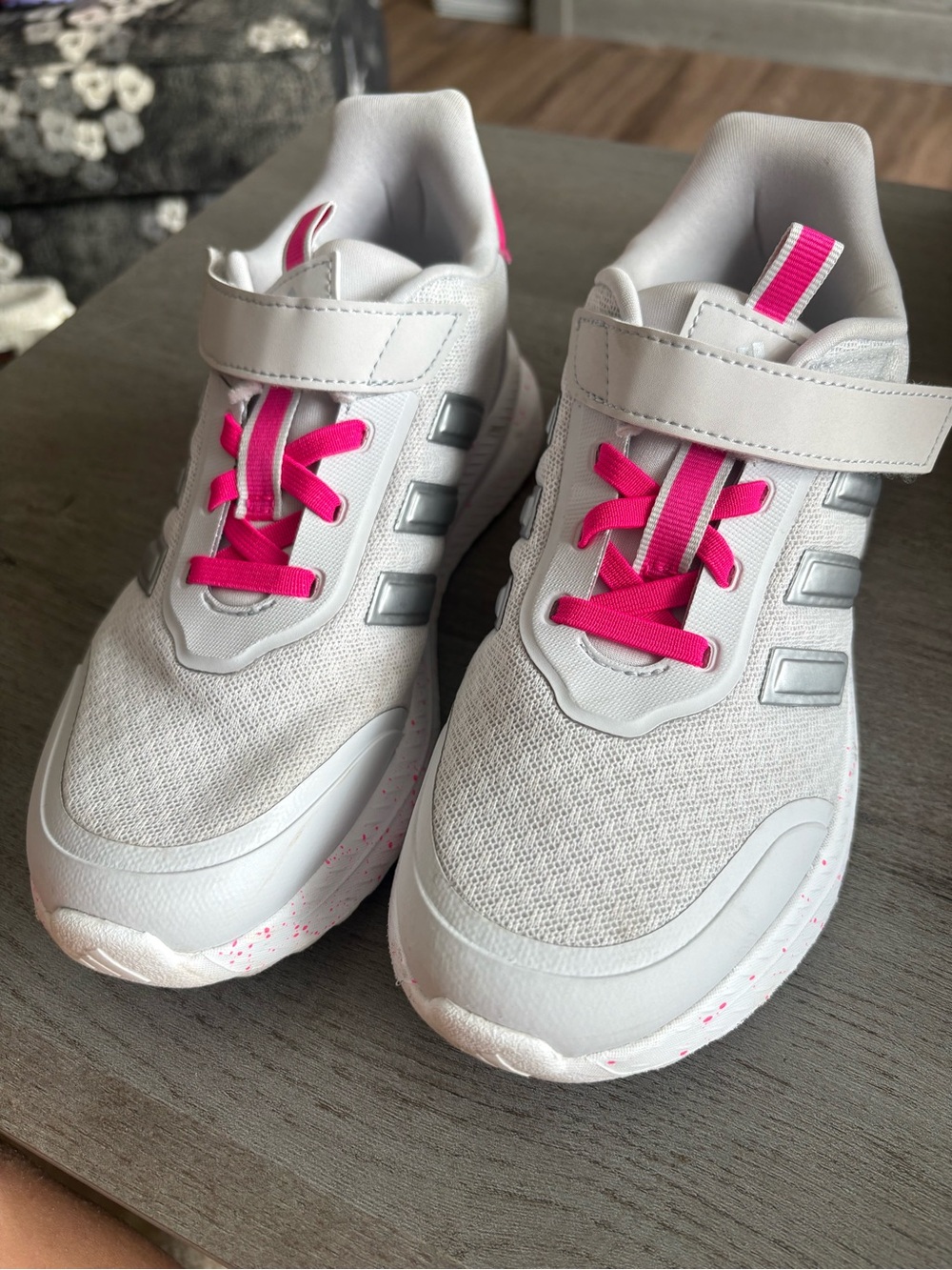 adidas Kids White Sneakers with Bright Pink Accents